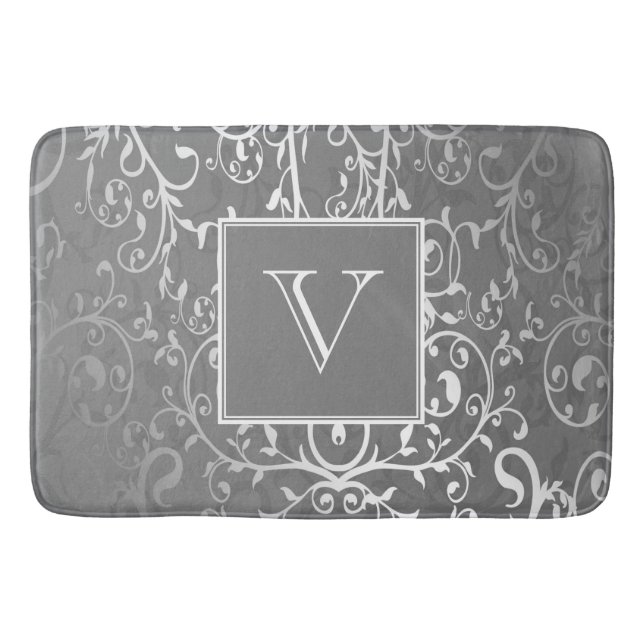 Gray Elegant Flourish Monogram Bath Mat (Front)