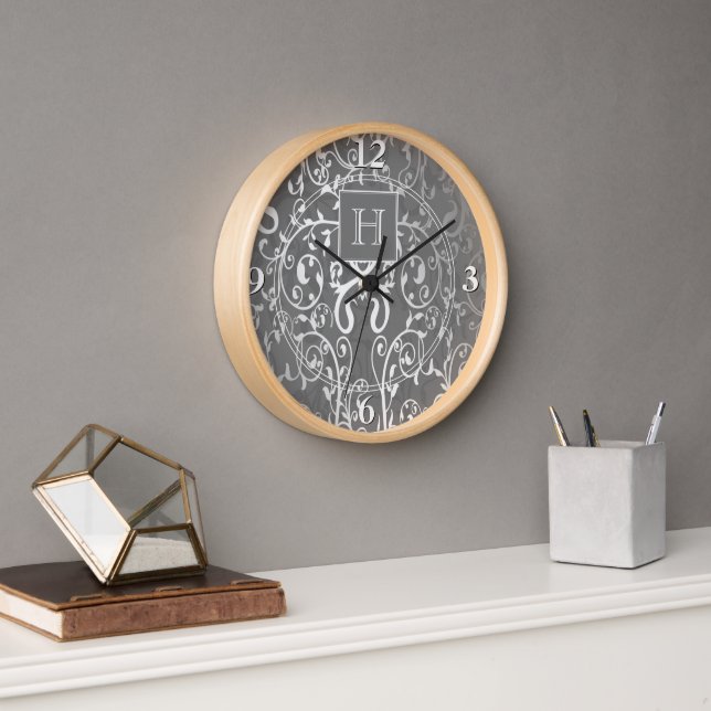 Gray Elegant Flourish Monogram Clock (Office)