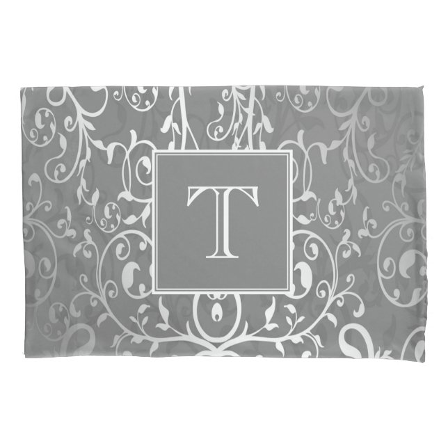 Gray Elegant Flourish Monogram Pillowcase (Front)