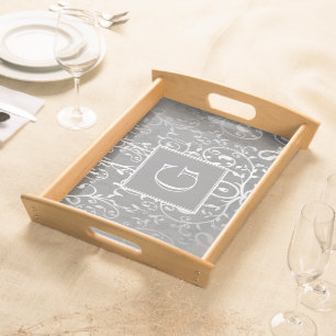 Gray Elegant Flourish Monogram Serving Tray