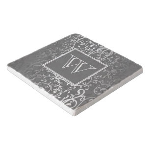 Gray Elegant Flourish Monogram Stone Trivet