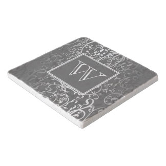 Gray Elegant Flourish Monogram Stone Trivet
