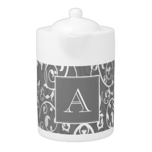 Gray Elegant Flourish Monogram Teapot