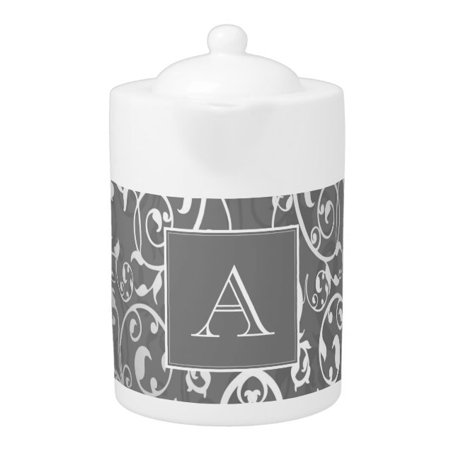 Gray Elegant Flourish Monogram Teapot (Front)