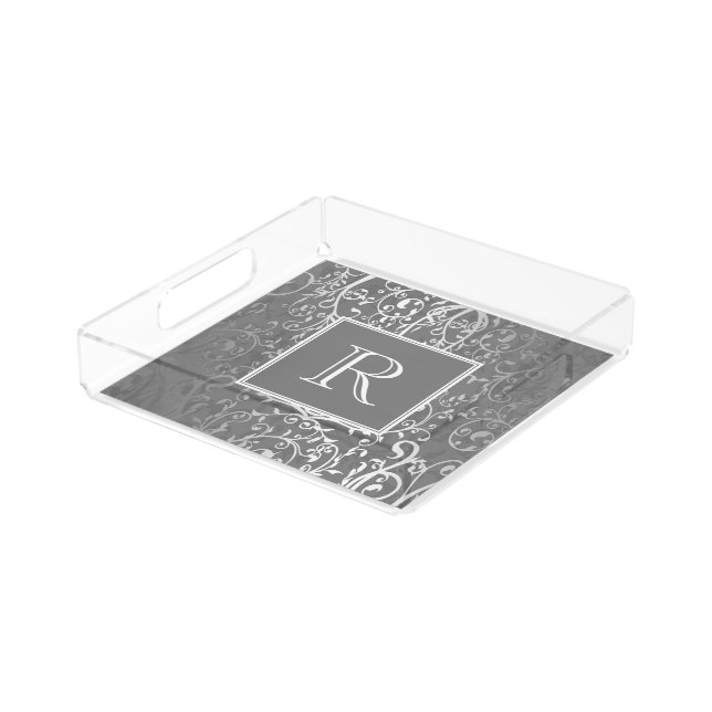 Gray Elegant Flourish Monogram Vanity Tray (Angled)