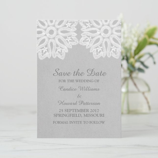 Gray Elegant Lace Save the Date Invite (Standing Front)