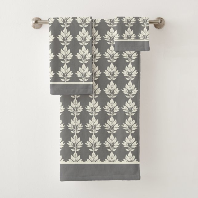 Gray Elegant Leaf Pattern Bath Towel Set (Insitu)