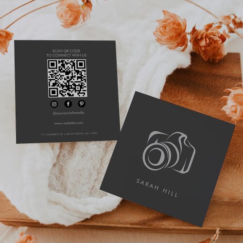 Gray Elegant Minimalist Photo Camera QR Code Square Business Card