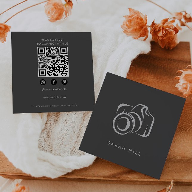 Gray Elegant Minimalist Photo Camera QR Code Square Business Card (Creator Uploaded)