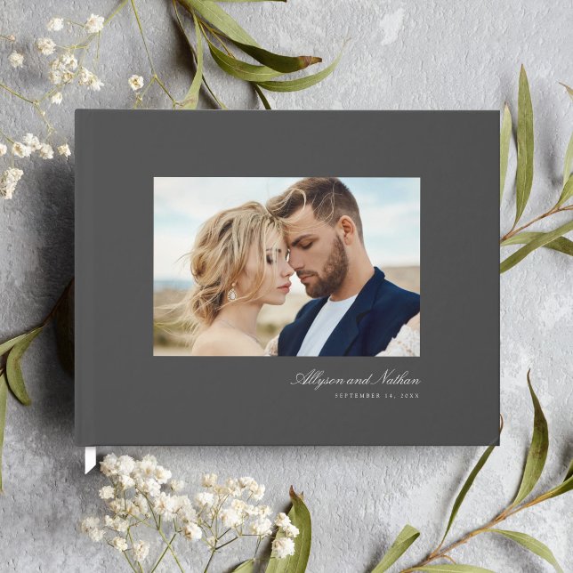 Gray Elegant Modern Simple Script Photo Wedding Guest Book (Creator Uploaded)