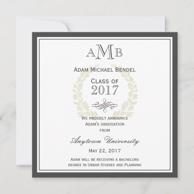 Gray Elegant Monogram Graduation Announcement (Front)