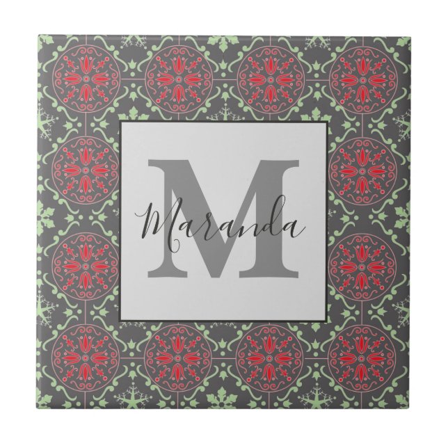 Gray Elegant Nordic Snowflake Winter Monogram Ceramic Tile (Front)
