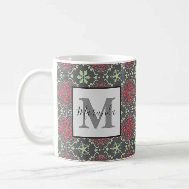 Gray Elegant Nordic Winter Snowflake Monogram Coffee Mug (Left)