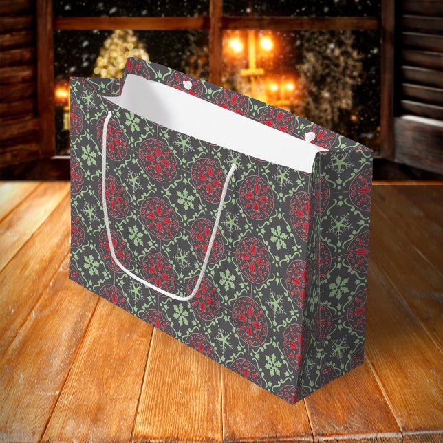 Gray Elegant Nordic Winter Snowflake Trendy Large Gift Bag (Red and green snowflake pattern grey gift bag.)