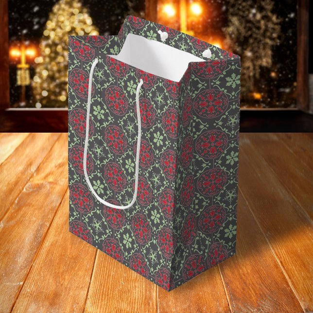 Gray Elegant Nordic Winter Trendy Snowflake Medium Gift Bag (Red and green grey snowflake pattern )
