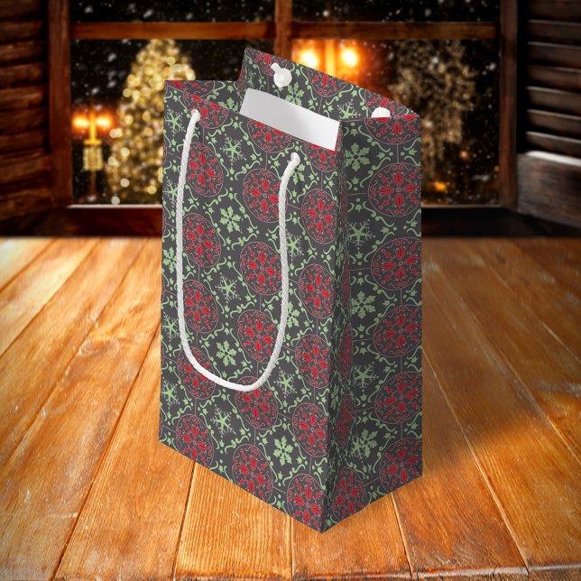 Gray Elegant Nordic Winter Trendy Snowflake Small Gift Bag (Red and green snowflake pattern with grey gift bag, )