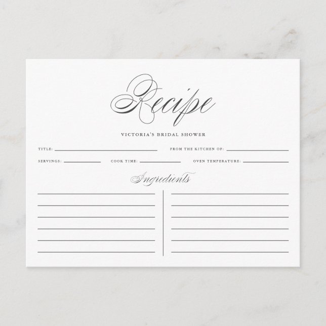 Gray Elegant Script Bridal Shower Recipe Card (Front)