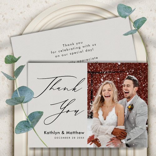 Gray Elegant Script Modern Photo Simple Wedding Thank You Card