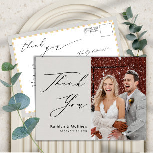 Gray Elegant Script Modern Photo Wedding Thank You Postcard