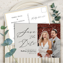 Gray Elegant Script Photo Wedding Save The Date Announcement Postcard