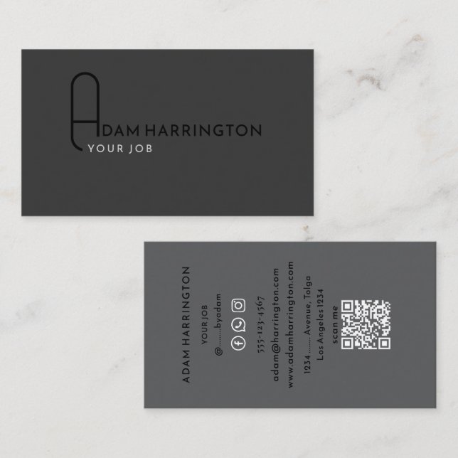 Gray | Elegant Standard QR Code Business Card (Front/Back)