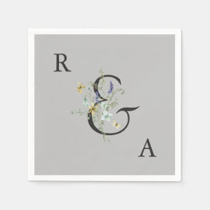 Gray Elegant Wildflower Wedding Monogram Napkins