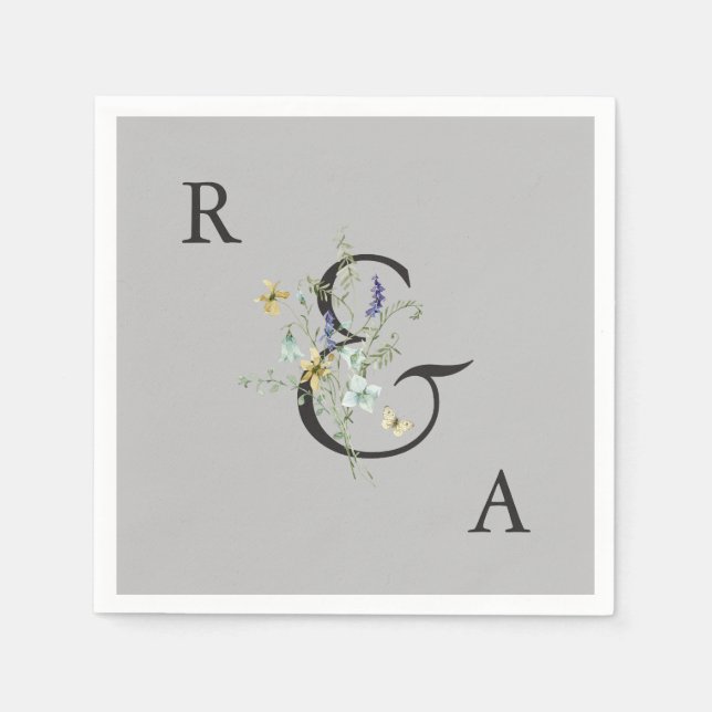 Gray Elegant Wildflower Wedding Monogram Napkins (Front)