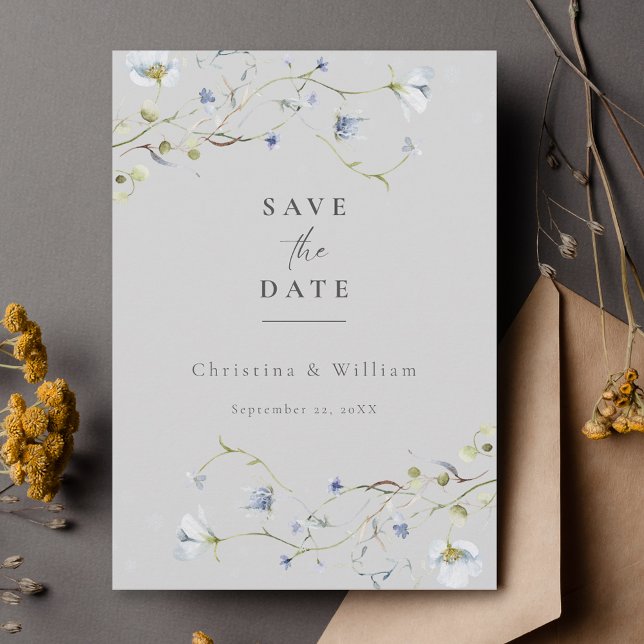 Gray Elegant Wildflower Wedding Save the Date Invitation (Creator Uploaded)