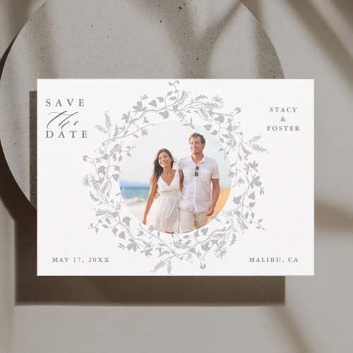 Gray Elegant Wildflower Wreath Wedding Photo Save The Date