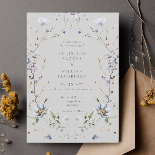 Gray Elegant Winter Wildflowers Wedding Invitation