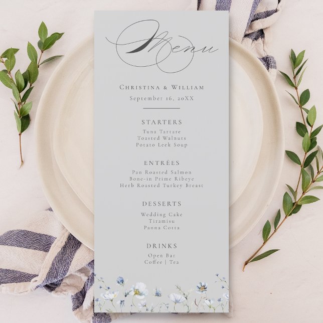 Gray Elegant Winter Wildflowers Wedding Menu (Creator Uploaded)