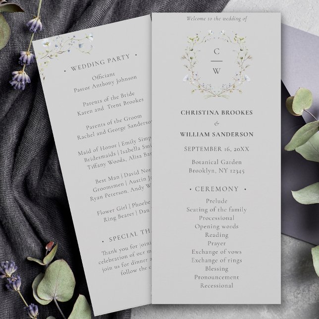 Gray Elegant Winter Wildflowers Wedding Program (Creator Uploaded)