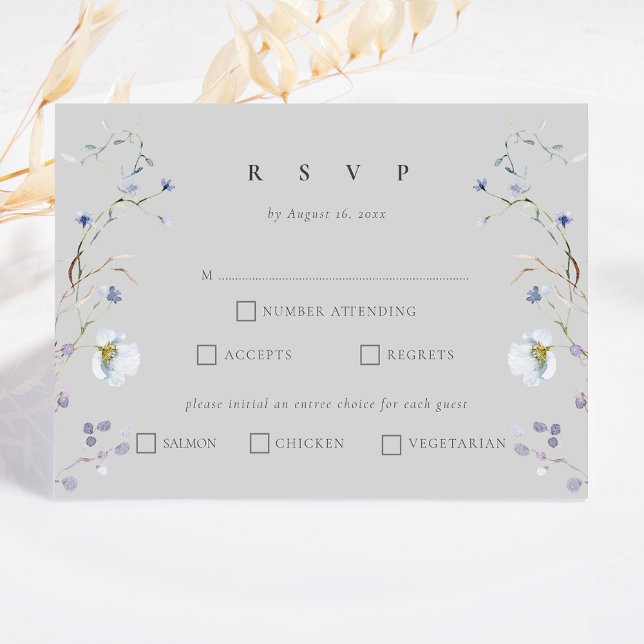 Gray Elegant Winter Wildflowers Wedding RSVP Card (Creator Uploaded)