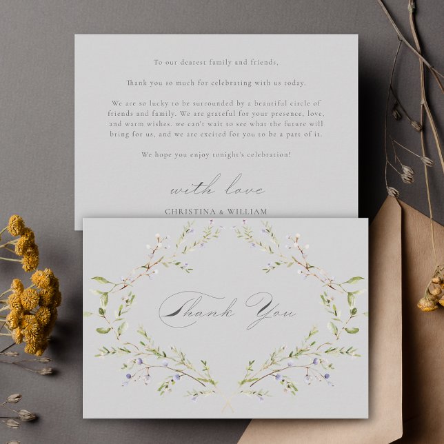 Gray Elegant Winter Wildflowers Wedding Thank You Card (Creator Uploaded)