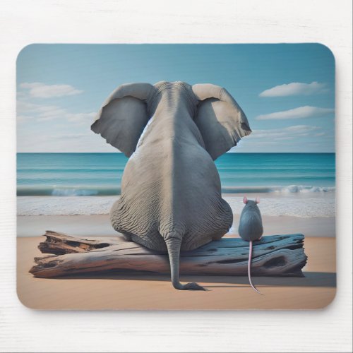 Gray Elephant and Mouse On Beach Log Mouse Pad