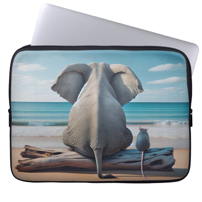 Gray Elephant and Mouse On Driftwood Laptop Sleeve (Front)