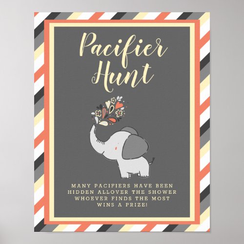 Gray Elephant Baby Shower Pacifier Hunt Game Sign
