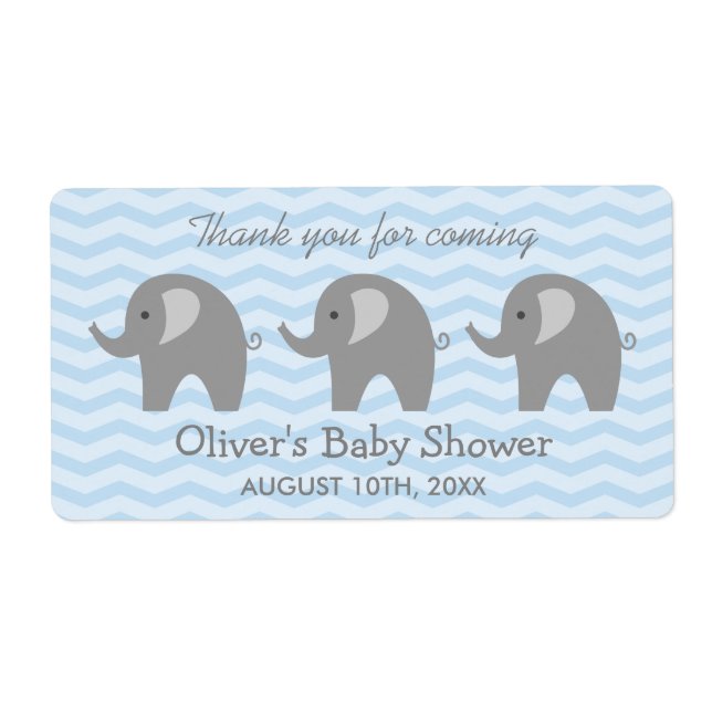 Gray elephant baby shower water bottle stickers (Front)