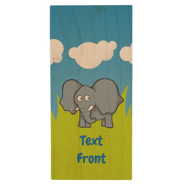 Gray Elephant Cartoon Wood Flash Drive (Front Vertical)
