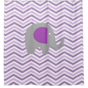 Gray Elephant on Purple, Lavender, White Chevron Shower Curtain