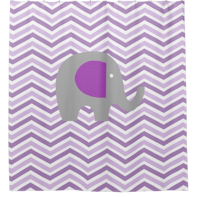 Gray Elephant on Purple, Lavender, White Chevron Shower Curtain (Front)