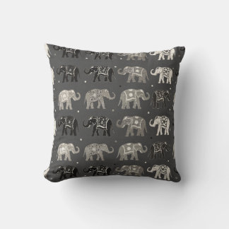 Gray Elephant Pattern Linen Look Pillow