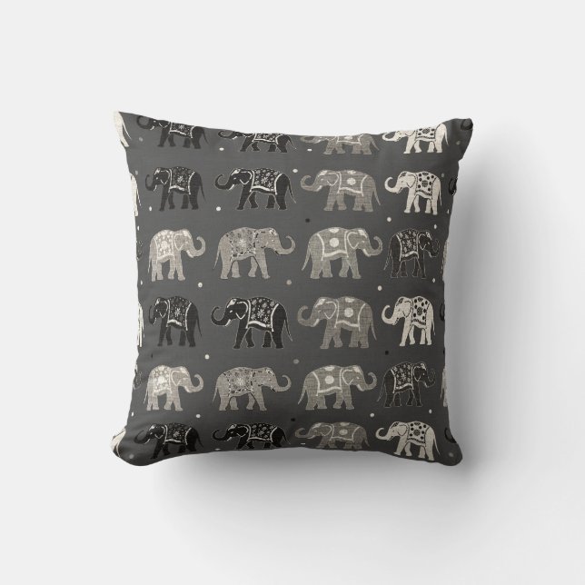 Gray Elephant Pattern Linen Look Pillow (Front)