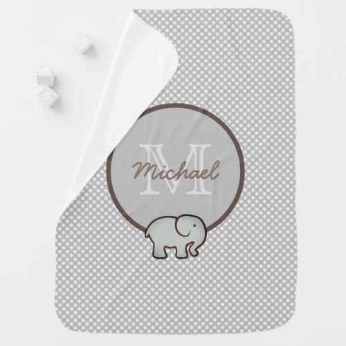 Gray Elephant Polka Dot Monogram Name Baby Blanket