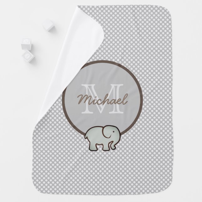 Gray Elephant Polka Dot Monogram Name Baby Blanket (In Situ)