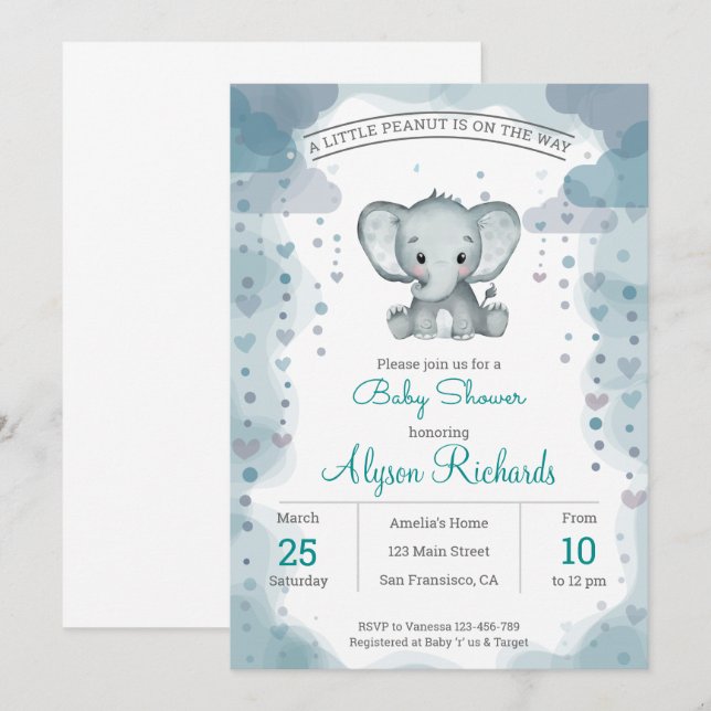 Gray Elephant Watercolor Baby Shower Invitation (Front/Back)