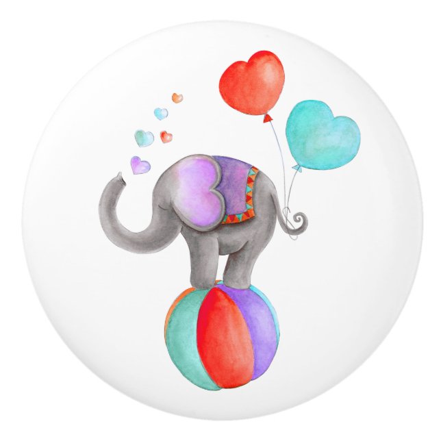 Gray elephant whimsy watercolor circus doorknob ceramic knob (Front)