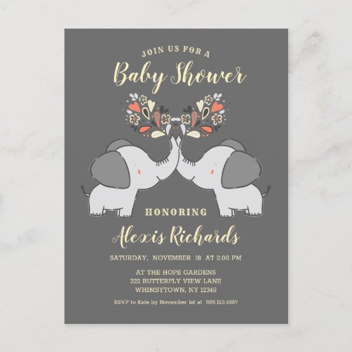 Gray Elephants Gender Neutral Cute Baby Shower Invitation Postcard