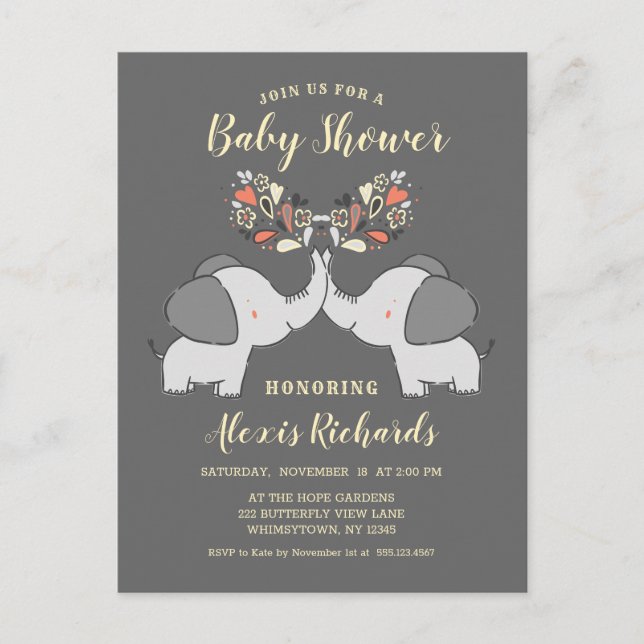 Gray Elephants Gender Neutral Cute Baby Shower Invitation Postcard (Front)