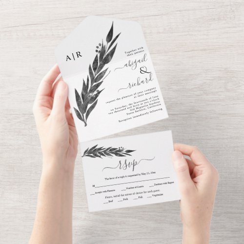 Gray eucalyptus branch with leaves winter wedding all in one invitation